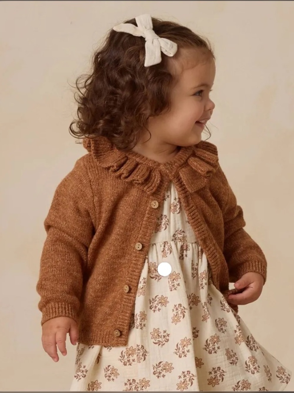 Quincy Mae Ruffle Collar Cardigan Organic Cotton Linen Brown Size 2-3 Years